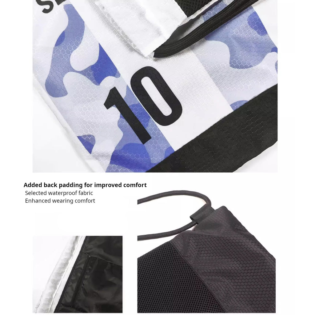 Blue and White Drawstring Bag