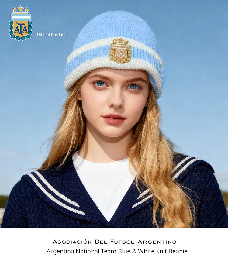 Blue and White Patchwork Knitted Hat