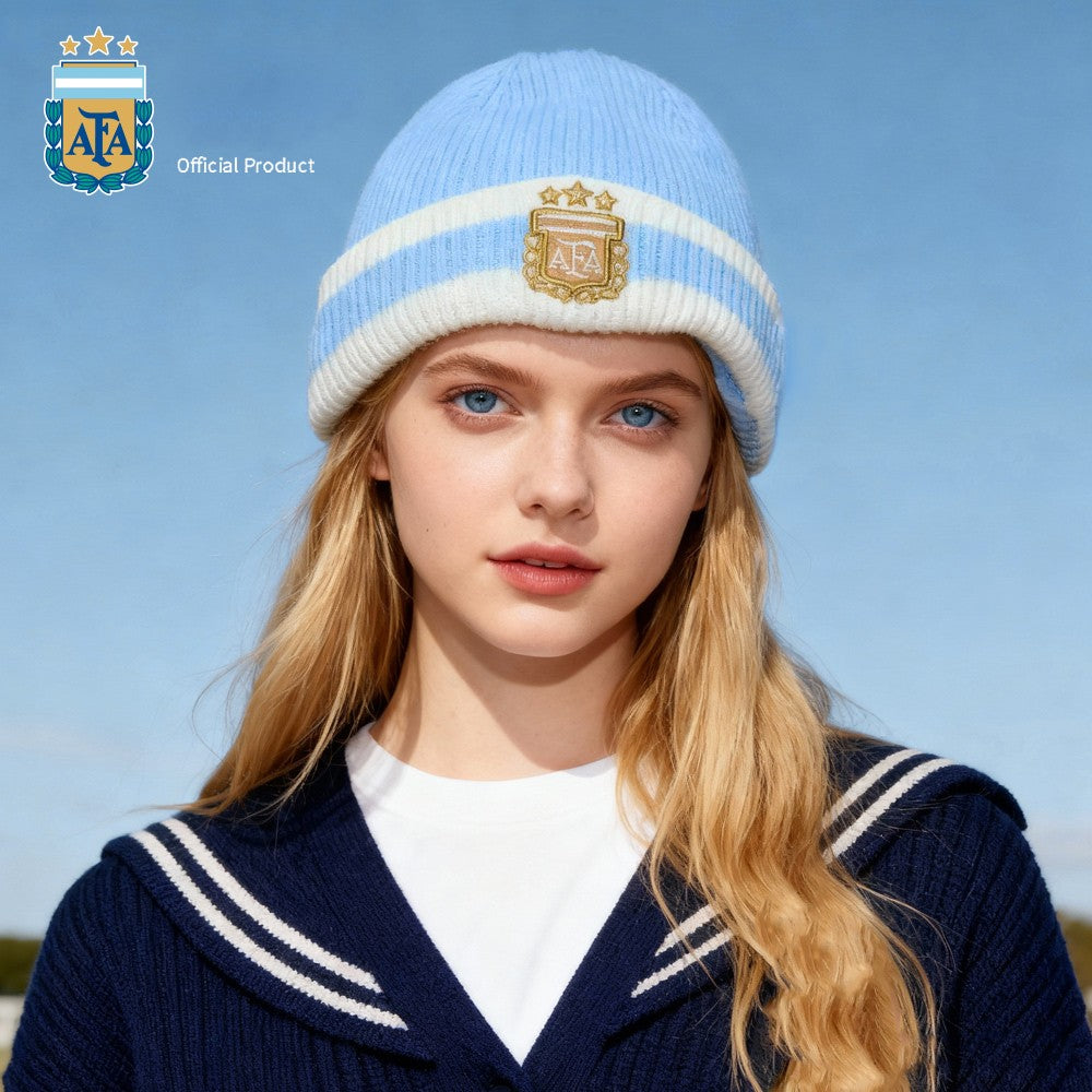 Blue and White Patchwork Knitted Hat